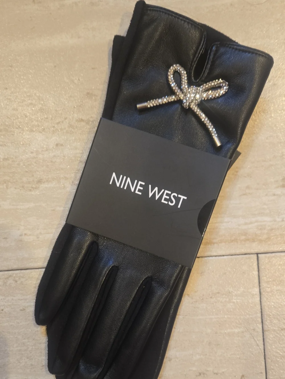 New Nine West Black Faux Leather Gloves with Rhinestone Bow Accent